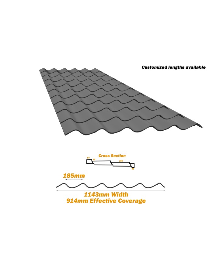 45", Spanish Tile Roofing Sheet, 26 Gauge, 10Ft 45", Spanish Tile Roofing Sheet, 26 Gauge, 10Ft